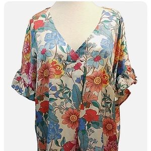Umgee Womens Blouse Short Sleeve V Neck Ruffle Floral Cream Mix Hi Low Hem XL